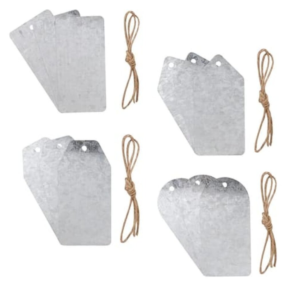METAL TAGS WITH TWINE, LOT OF 4, 3 PACK EACH. 12 METAL TAGS CRAFT PERSONALIZING